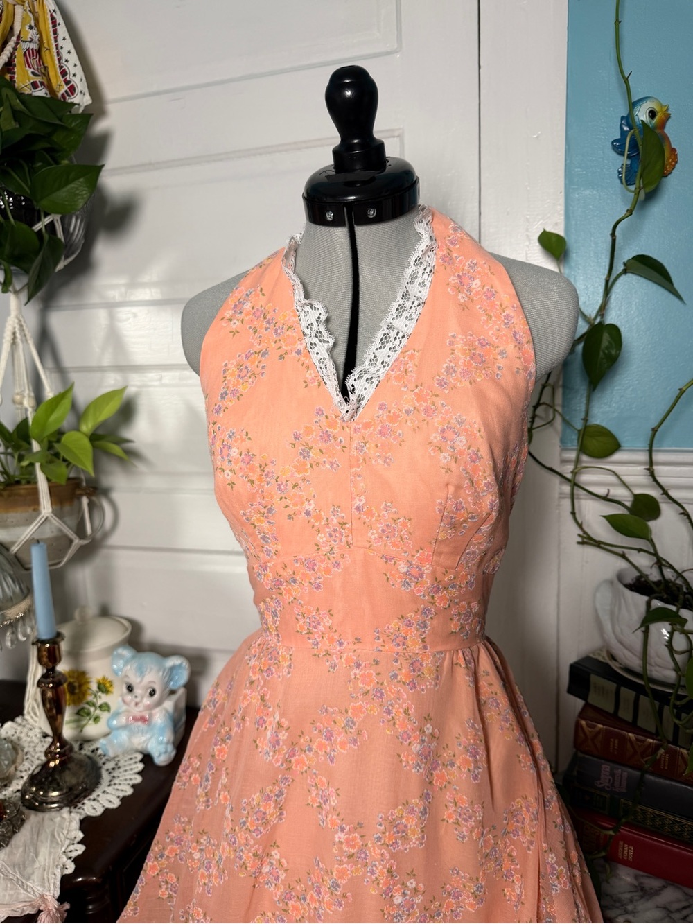 Handmade 1960s (?) XS Peach Halter Floral Maxi Dress - Picture 2 of 7